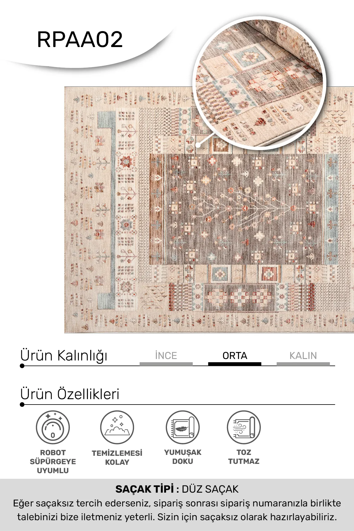 ARMA -Vizon / Renkli-Oturma Odası,Salon- Robot Süpürgeye Uyumlu -Kolay Temizlenebilir