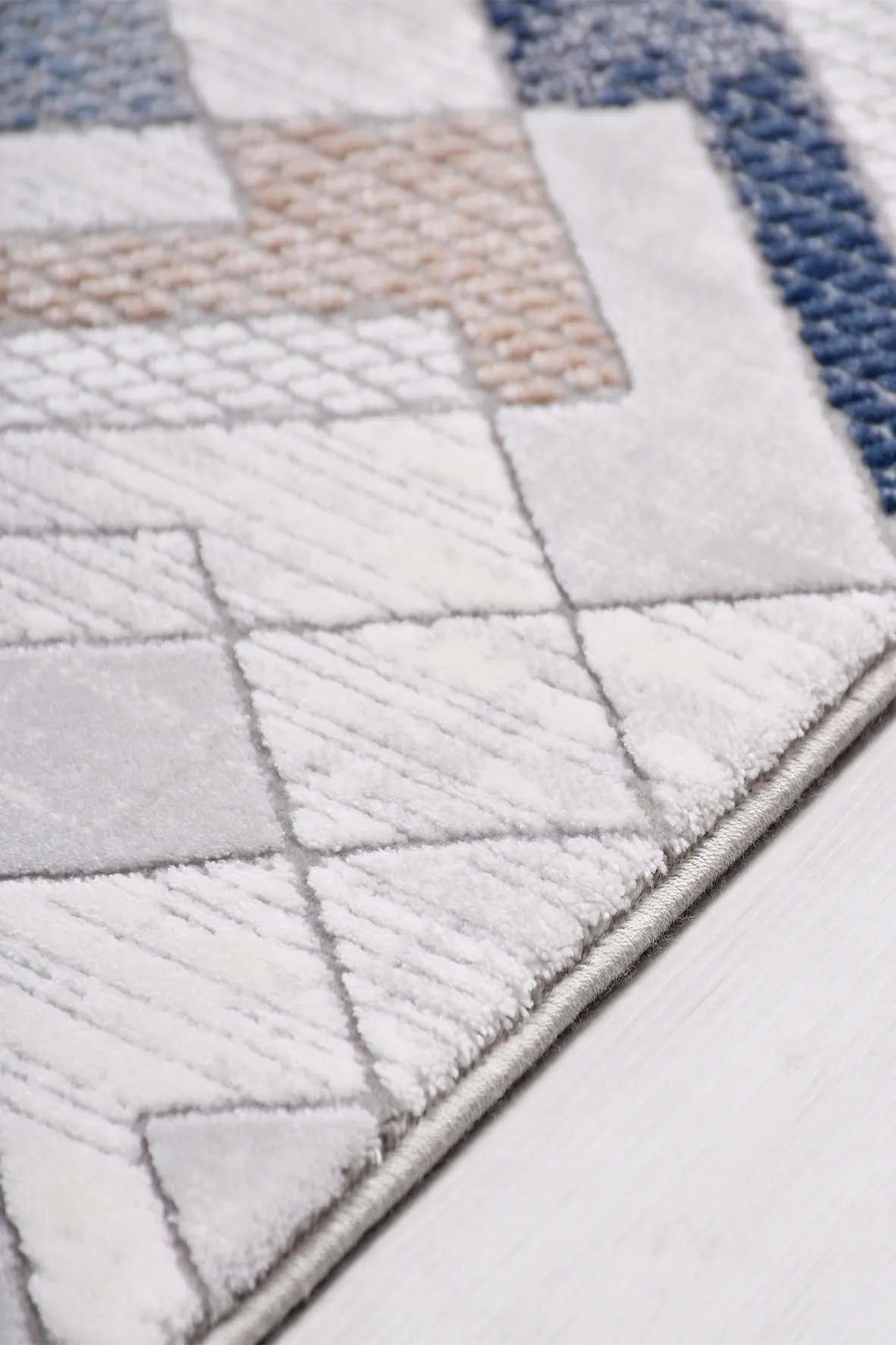 MACCA-Krem/Mavi/Kahve - Özel Ölçü-Salon,Oturma Odası ve Koridor Halısı-Robot Süpürgeye Uyumlu-Kolay Temizlenebilir-Uygun Fiyat