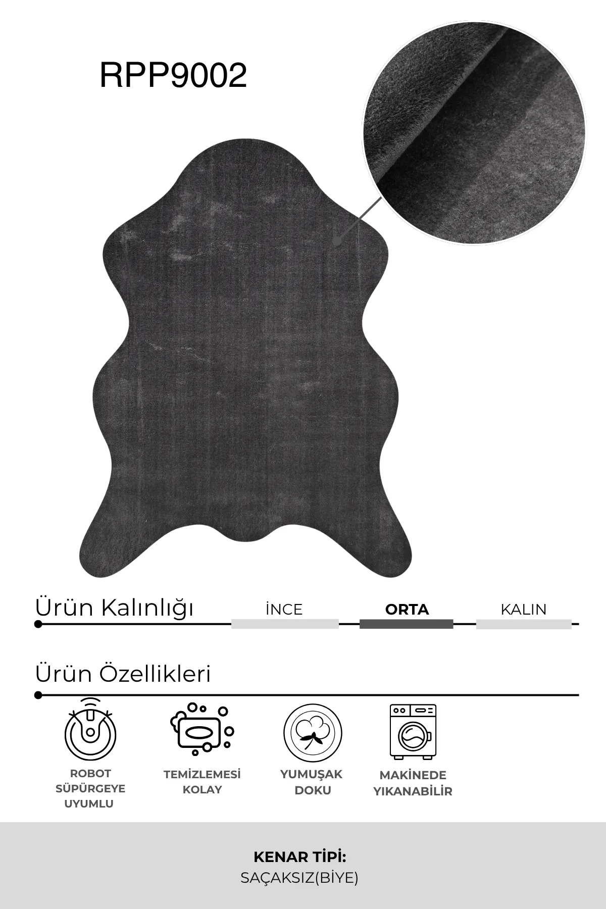 POLY Peluş Post Şeklinde Halı- Antrasit - Salon-Antre-Oturma Odası-Yumuşak-Kaymaz Taban-Yıkanabilir–Modern-Uygun Fiyat