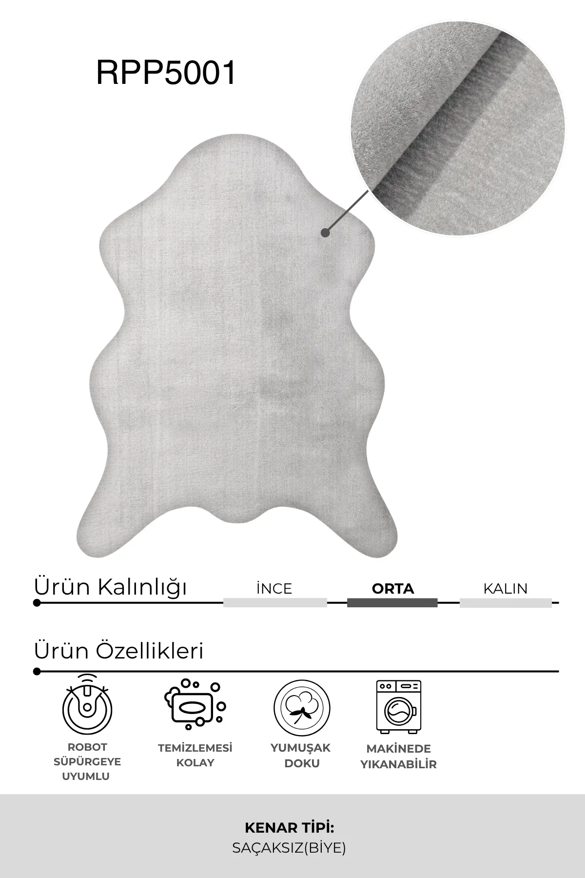 POLY Peluş Post Şeklinde Halı-Gri- Salon-Antre-Oturma Odası-Yumuşak-Kaymaz Taban-Yıkanabilir–Modern-Uygun Fiyat