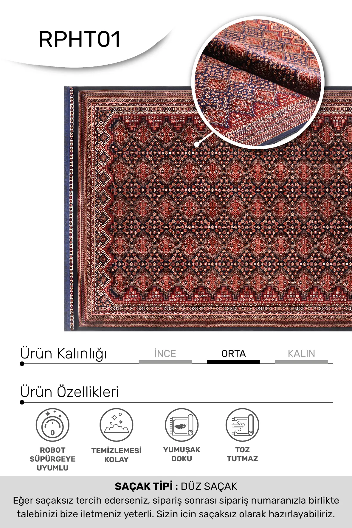 TALYA-Kırmızı/Lacivert  - Sabit Ölçü- Oturma Odası-Salon - Robot Süpürgeye Uyumlu-Kolay Temizlenebilir